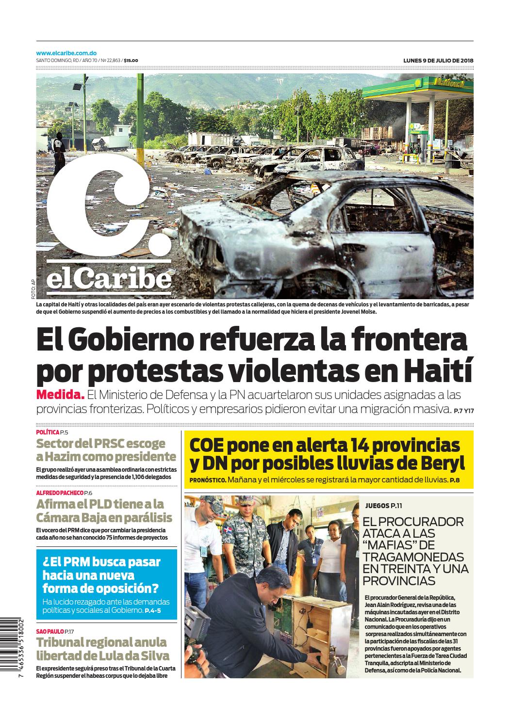 Portada Periódico El Caribe, Lunes 09 de Julio 2018