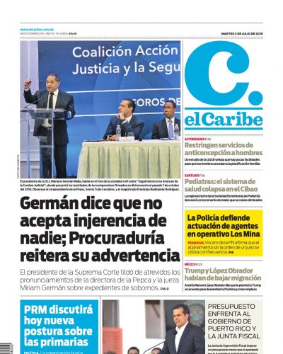 Portada Periódico El Caribe, Martes 03 de Julio 2018