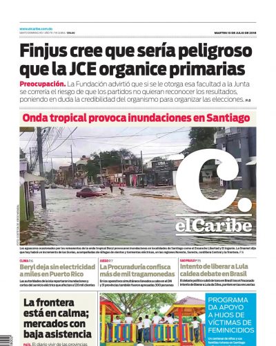 Portada Periódico El Caribe, Martes 10 de Julio 2018