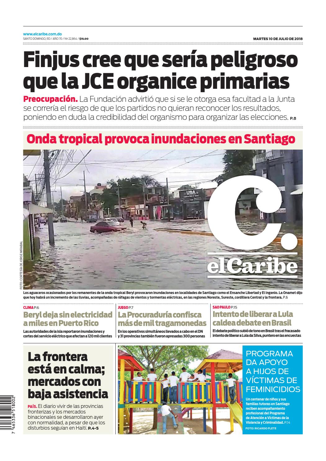 Portada Periódico El Caribe, Martes 10 de Julio 2018