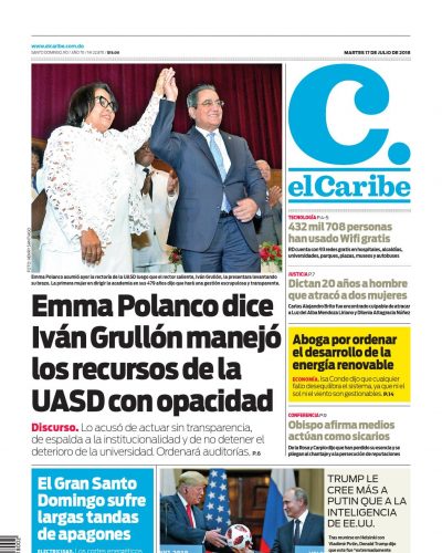 Portada Periódico El Caribe, Martes 17 de Julio 2018
