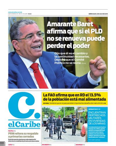 Portada Periódico El Caribe, Miércoles 04 de Julio 2018