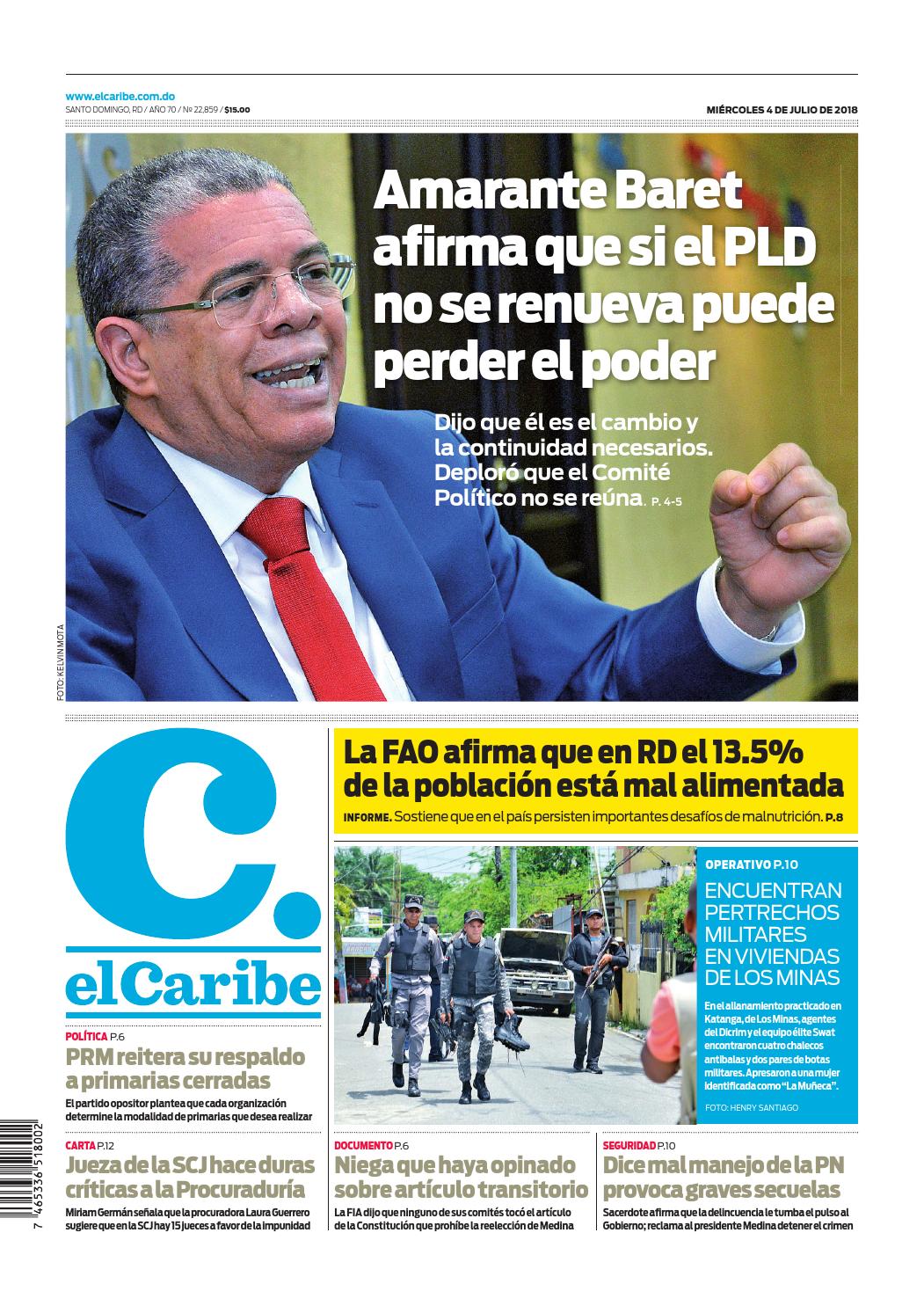 Portada Periódico El Caribe, Miércoles 04 de Julio 2018