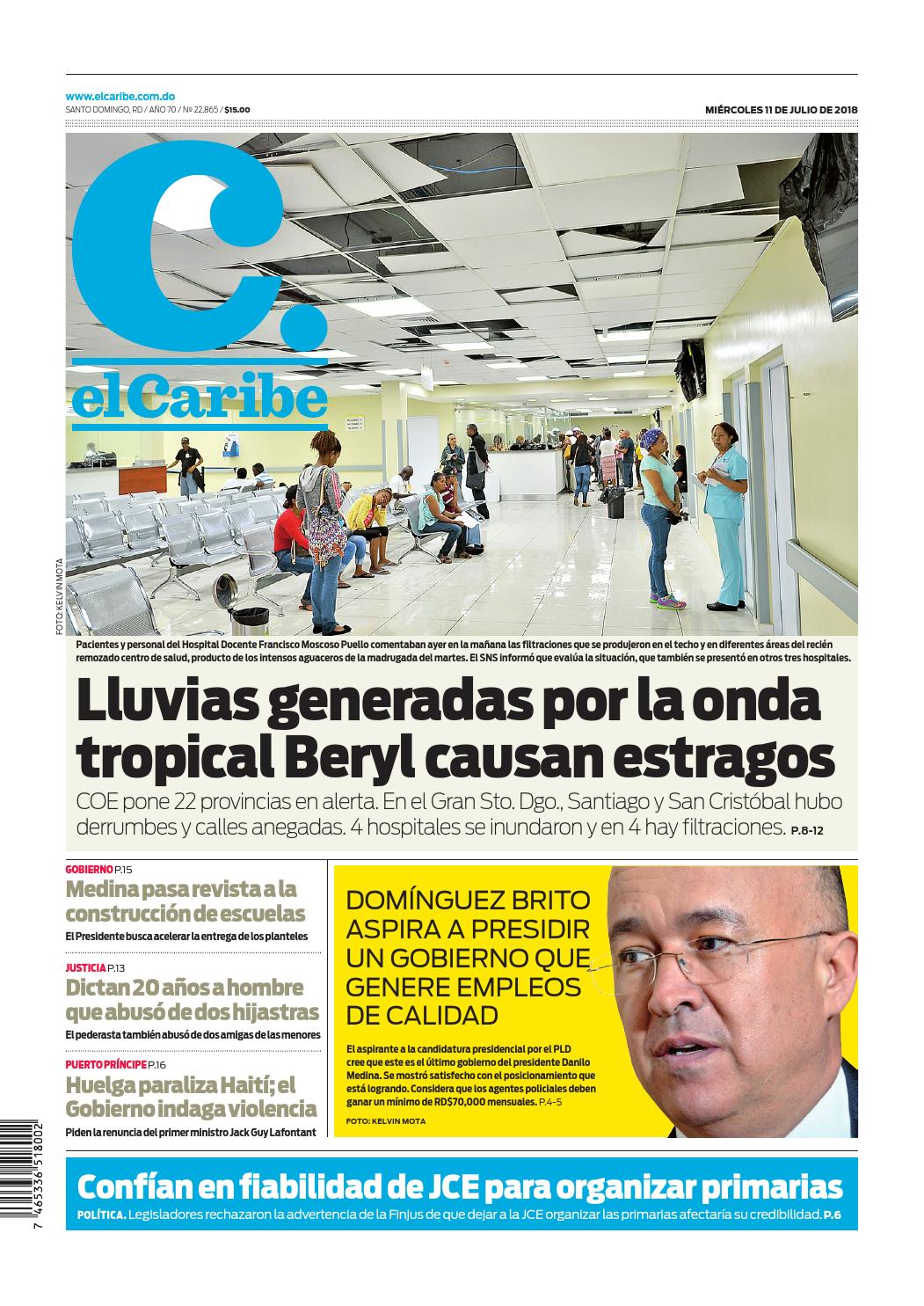 Portada Periódico El Caribe, Miércoles 11 de Julio 2018