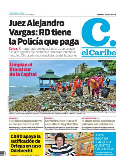 Portada Periódico El Caribe, Sábado 14 de Julio 2018