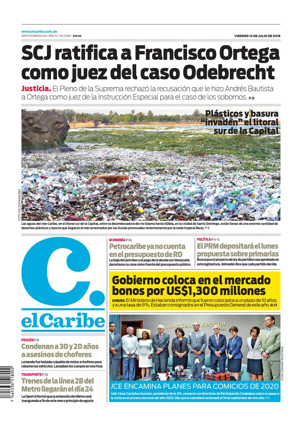 Portada Periódico El Caribe, Viernes 13 de Julio 2018