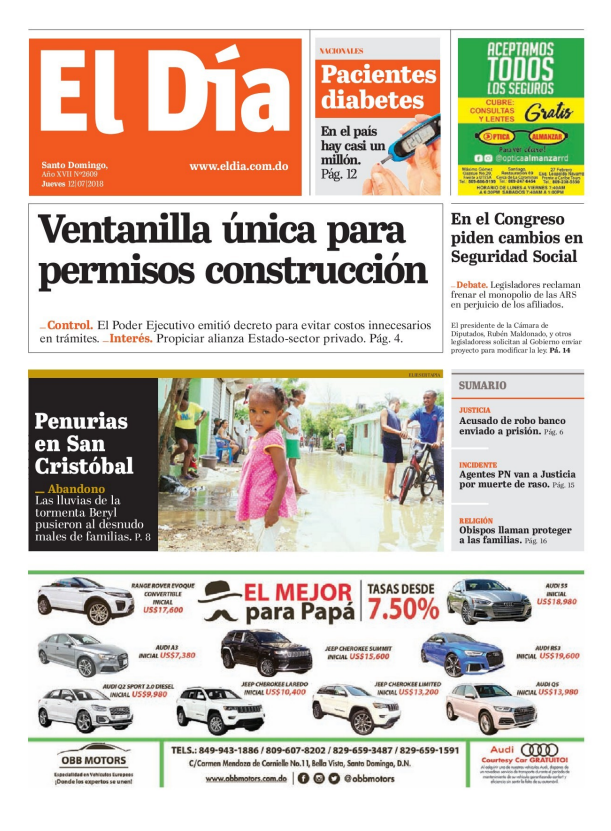 Portada Periódico El Día, Jueves 12 de Julio 2018