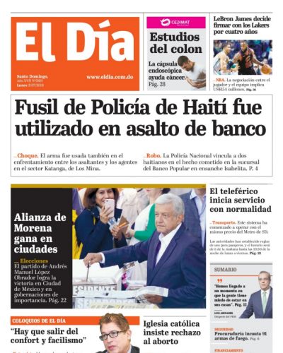 Portada Periódico El Día, Lunes 02 de Julio 2018