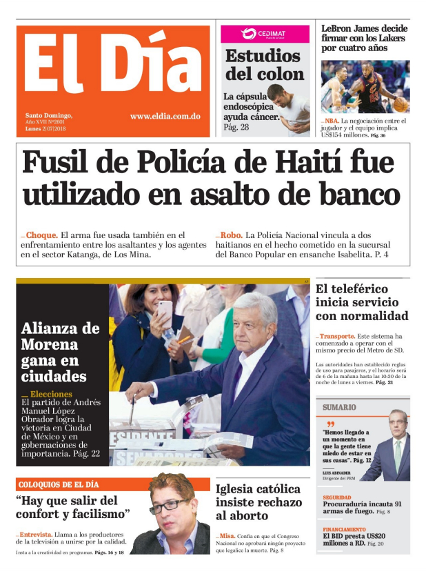 Portada Periódico El Día, Lunes 02 de Julio 2018