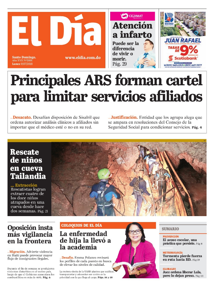 Portada Periódico El Día, Lunes 09 de Julio 2018