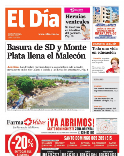 Portada Periódico El Día, Lunes 16 de Julio 2018