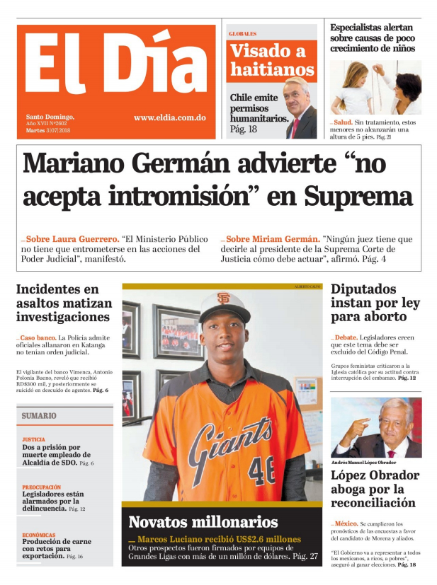 Portada Periódico El Día, Martes 03 de Julio 2018