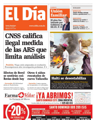 Portada Periódico El Día, Martes 10 de Julio 2018