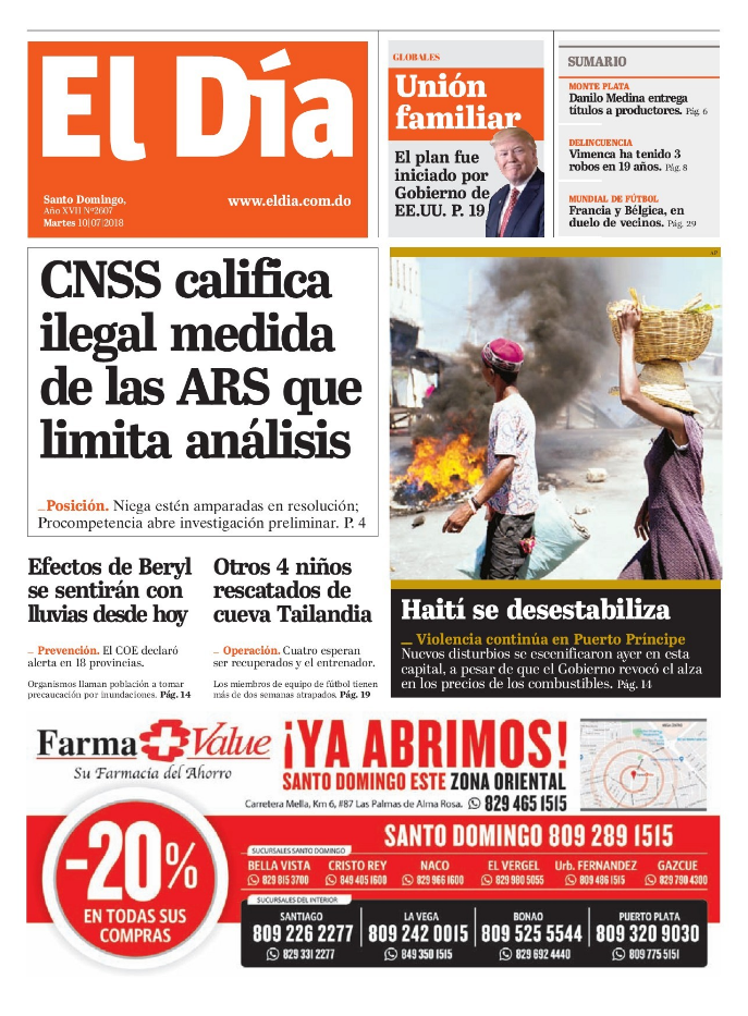 Portada Periódico El Día, Martes 10 de Julio 2018