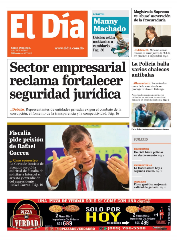 Portada Periódico El Día, Miércoles 04 de Julio 2018