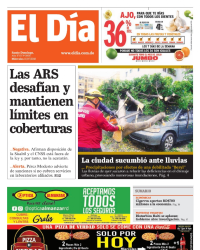 Portada Periódico El Día, Miércoles 11 de Julio 2018