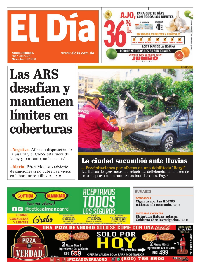 Portada Periódico El Día, Miércoles 11 de Julio 2018