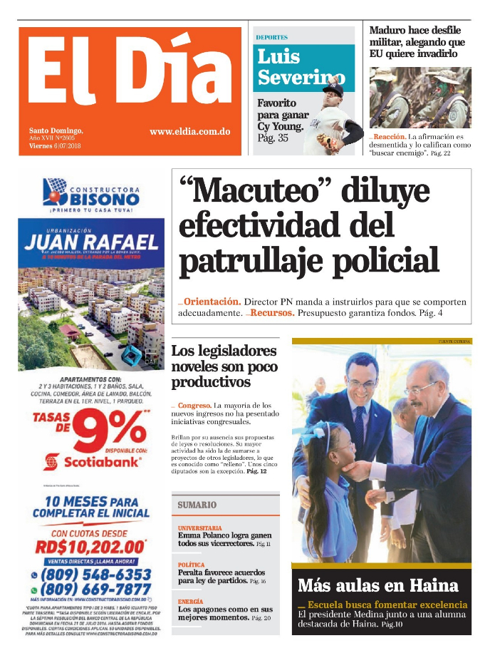 Portada Periódico El Día, Viernes 06 de Julio 2018