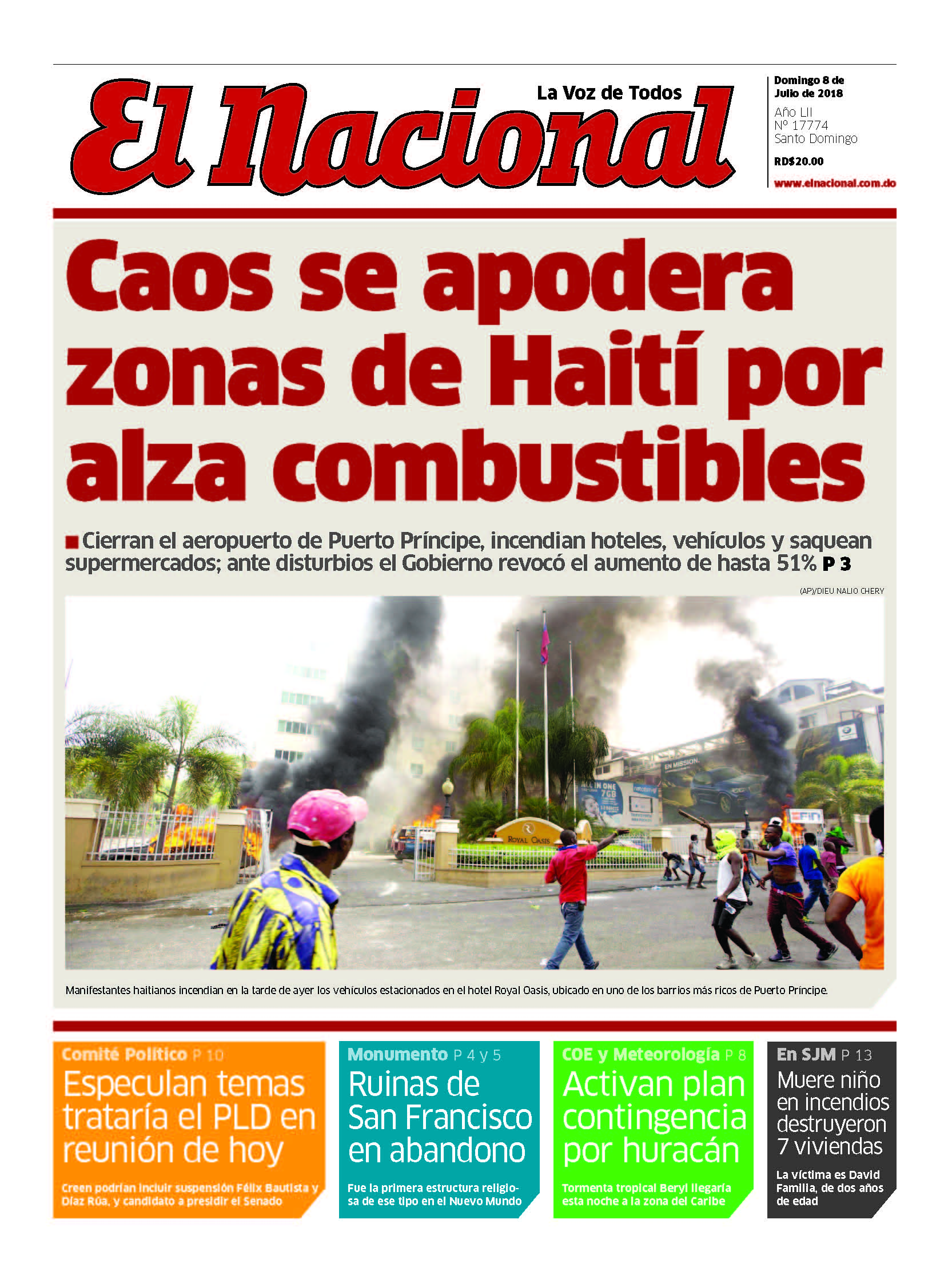 Portada Periódico El Nacional, Domingo 08 de Julio 2018