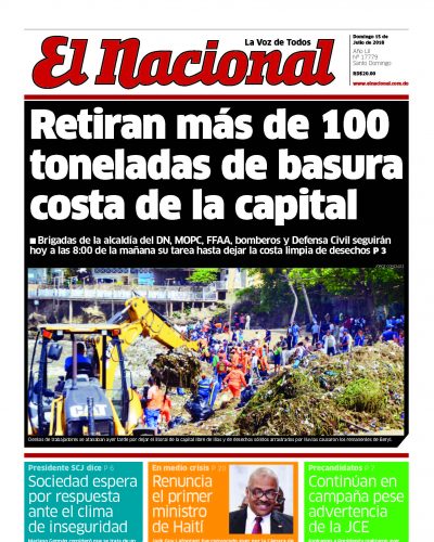 Portada Periódico El Nacional, Domingo 15 de Julio 2018