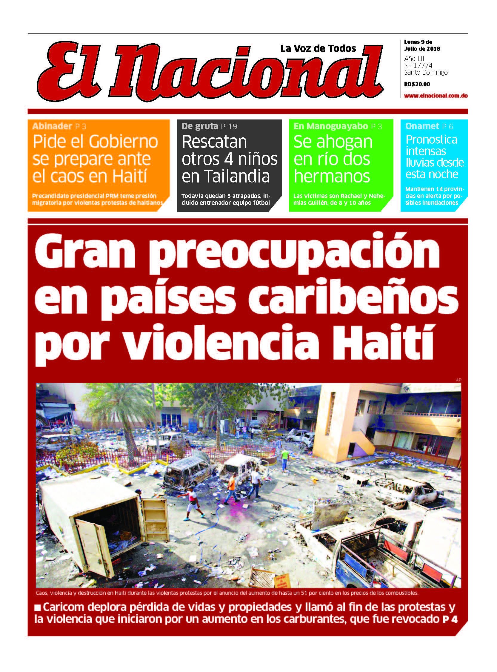 Portada Periódico El Nacional, Lunes 09 de Julio 2018