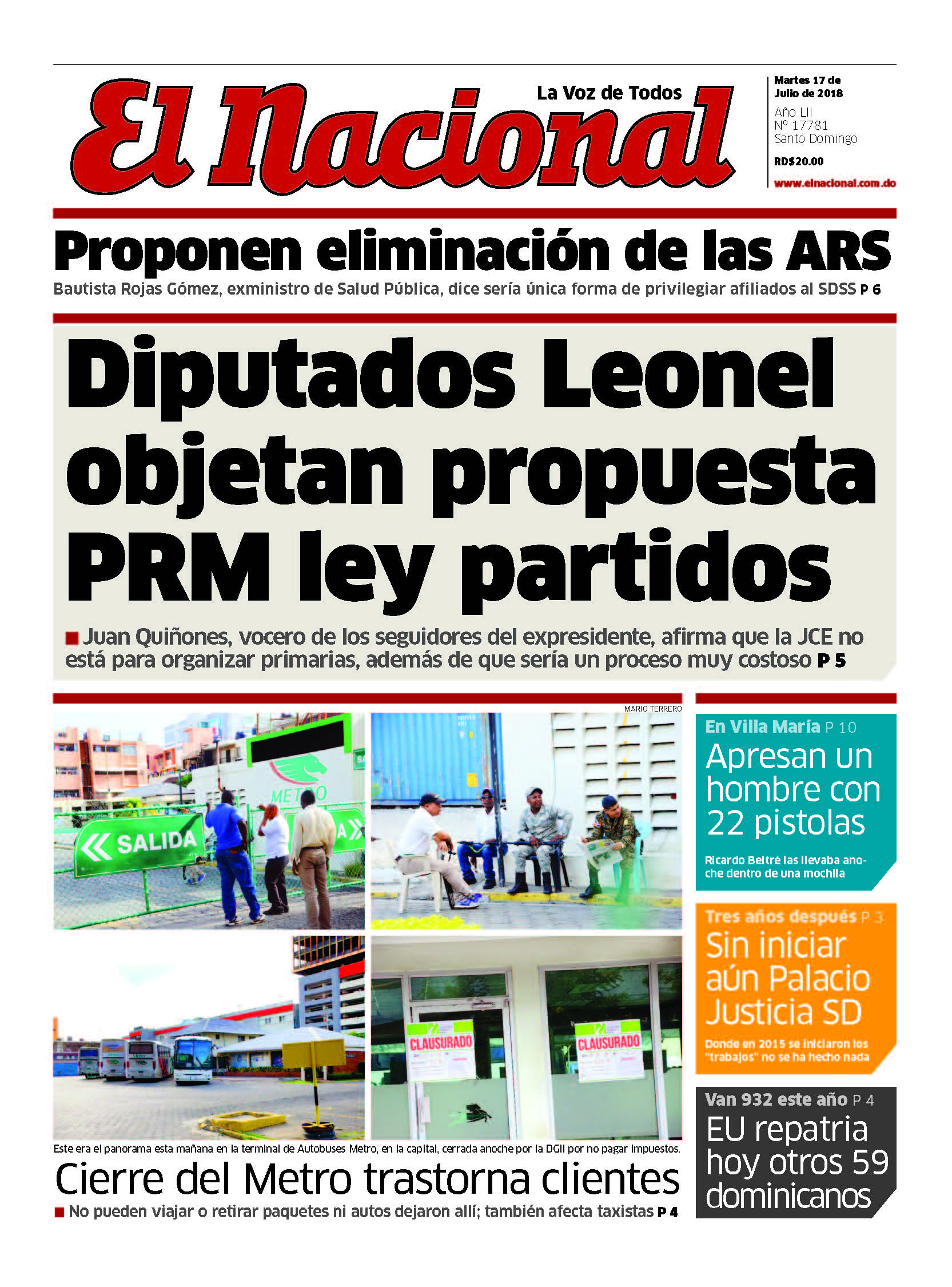 Portada Periódico El Nacional, Martes 17 de Julio 2018