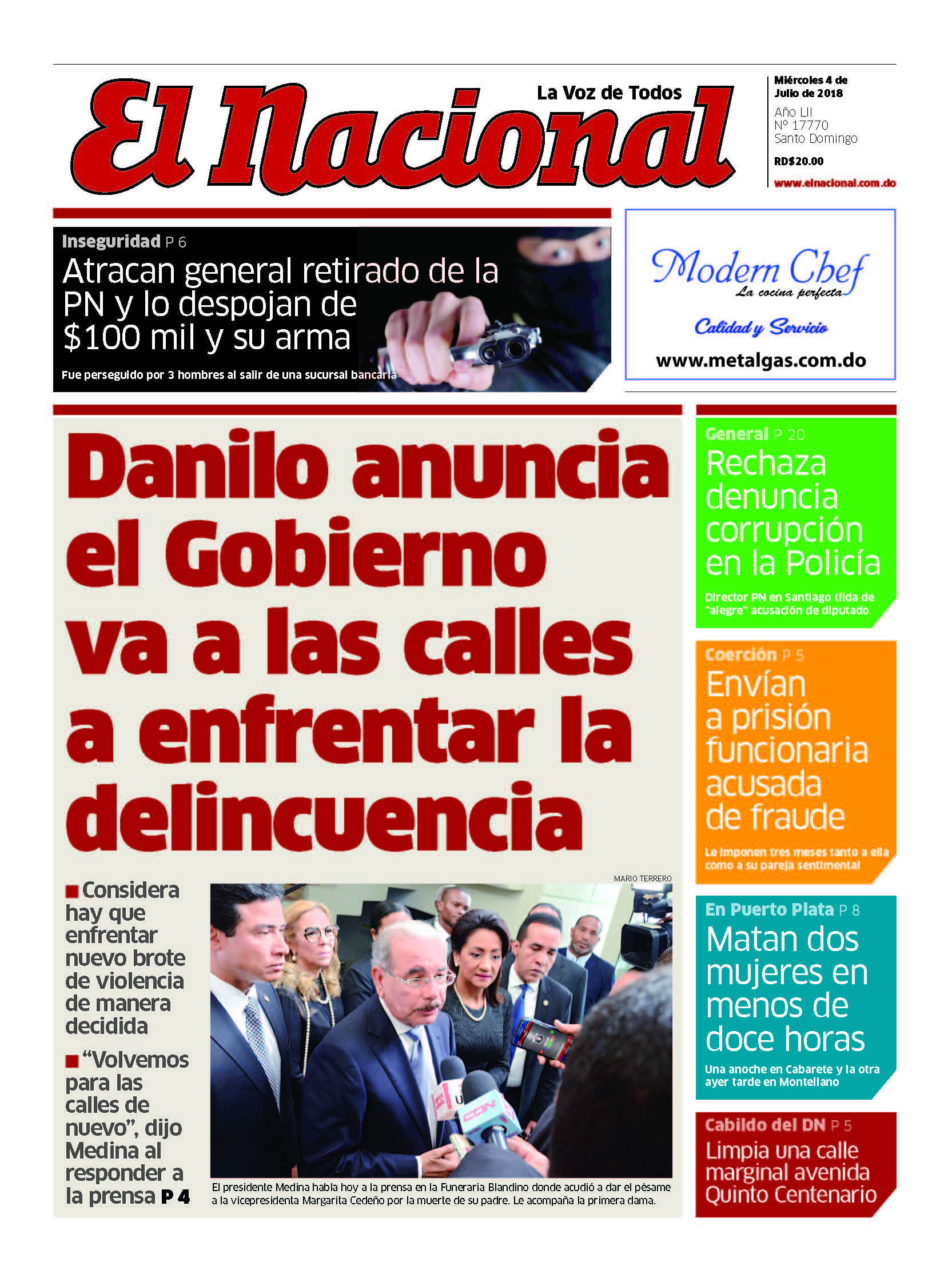 Portada Periódico El Nacional, Miércoles 04 de Julio 2018