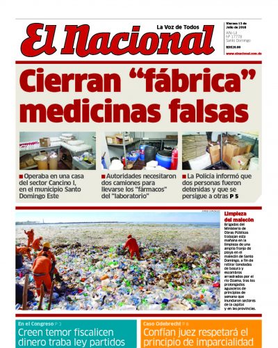 Portada Periódico El Caribe, Viernes 13 de Julio 2018