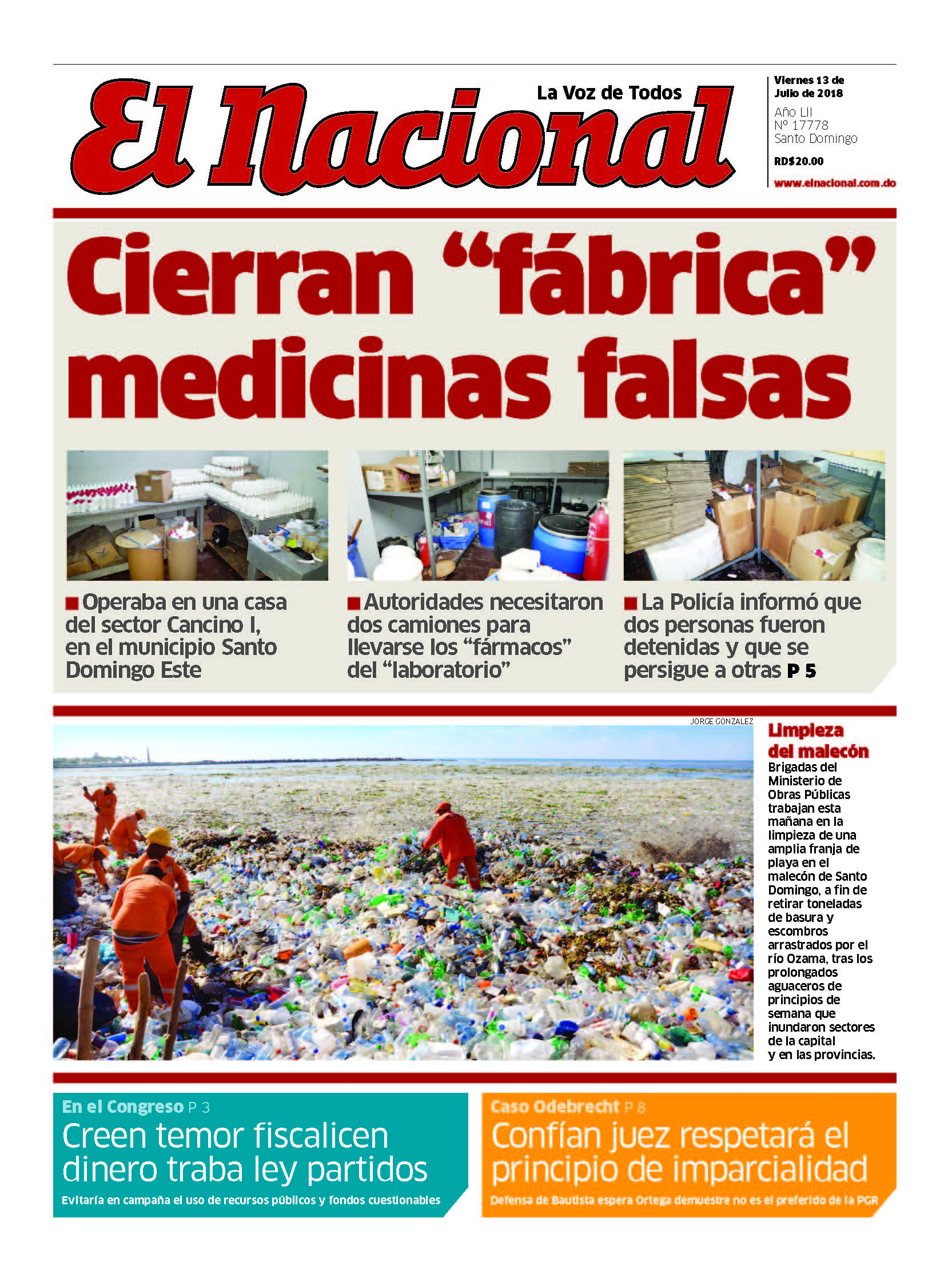 Portada Periódico El Caribe, Viernes 13 de Julio 2018