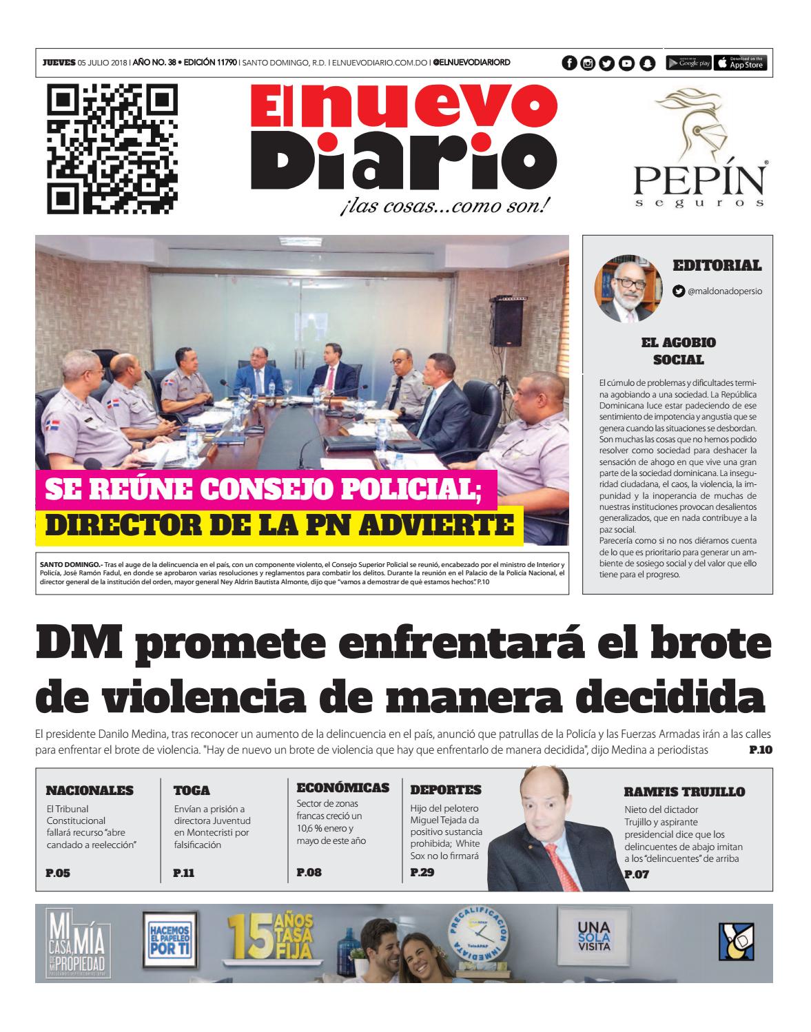 Portada Periódico El Nuevo Diario, Jueves 05 de Julio 2018