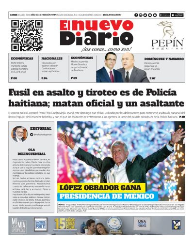 Portada Periódico El Nuevo Diario, Lunes 02 de Julio 2018