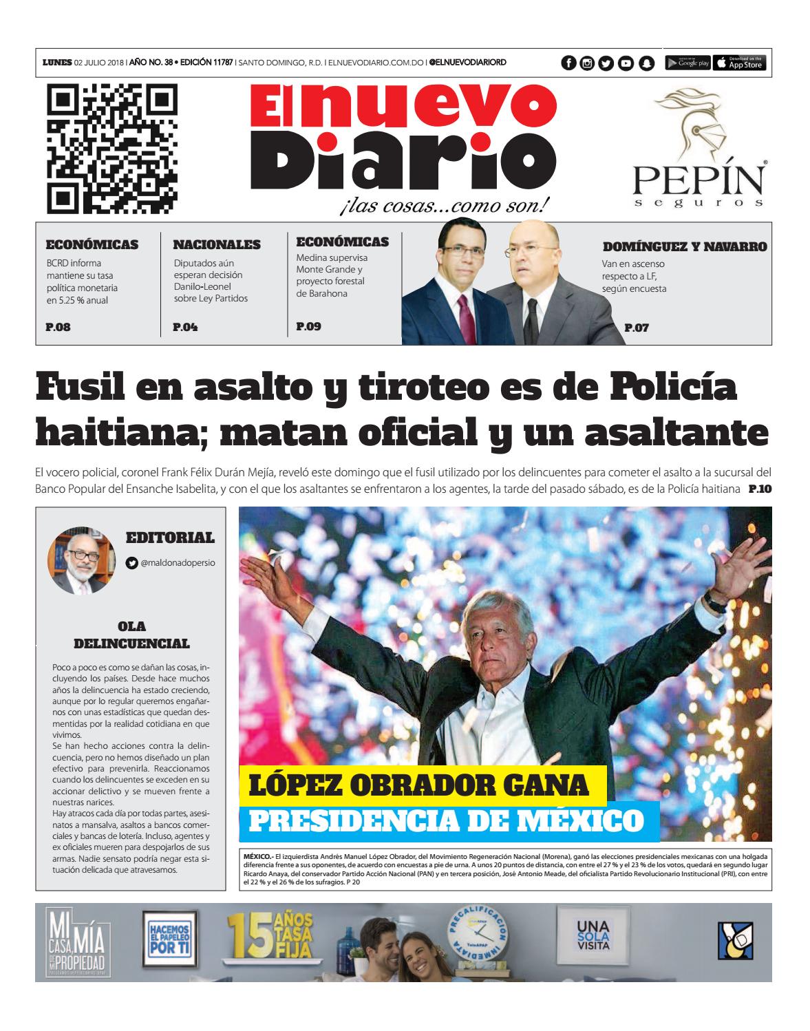 Portada Periódico El Nuevo Diario, Lunes 02 de Julio 2018