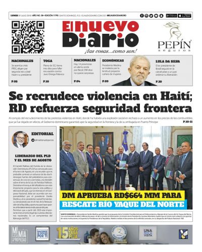 Portada Periódico El Nuevo Diario, Lunes 09 de Julio 2018