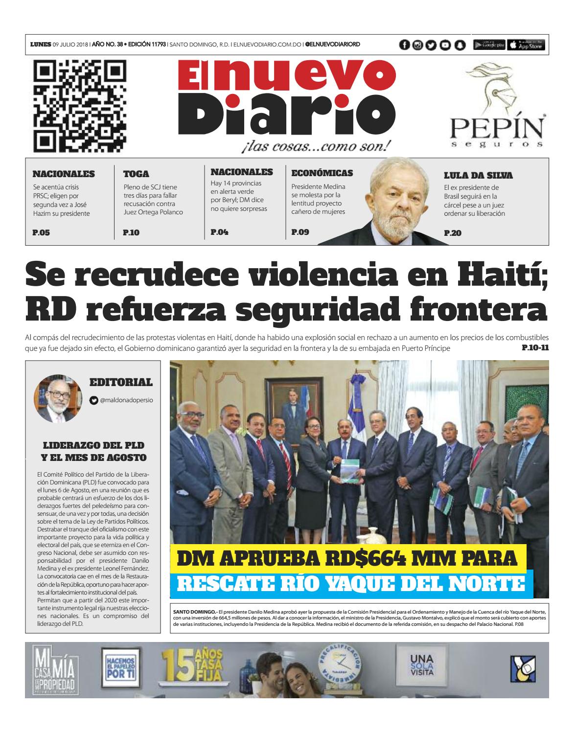 Portada Periódico El Nuevo Diario, Lunes 09 de Julio 2018