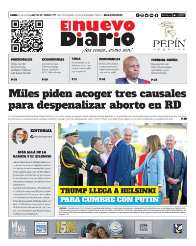 Portada Periódico El Nuevo Diario, Lunes 16 de Julio 2018