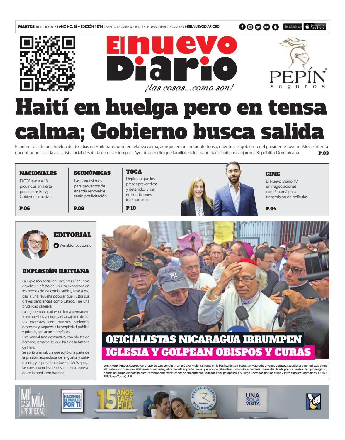 Portada Periódico El Nuevo Diario, Martes 10 de Julio 2018