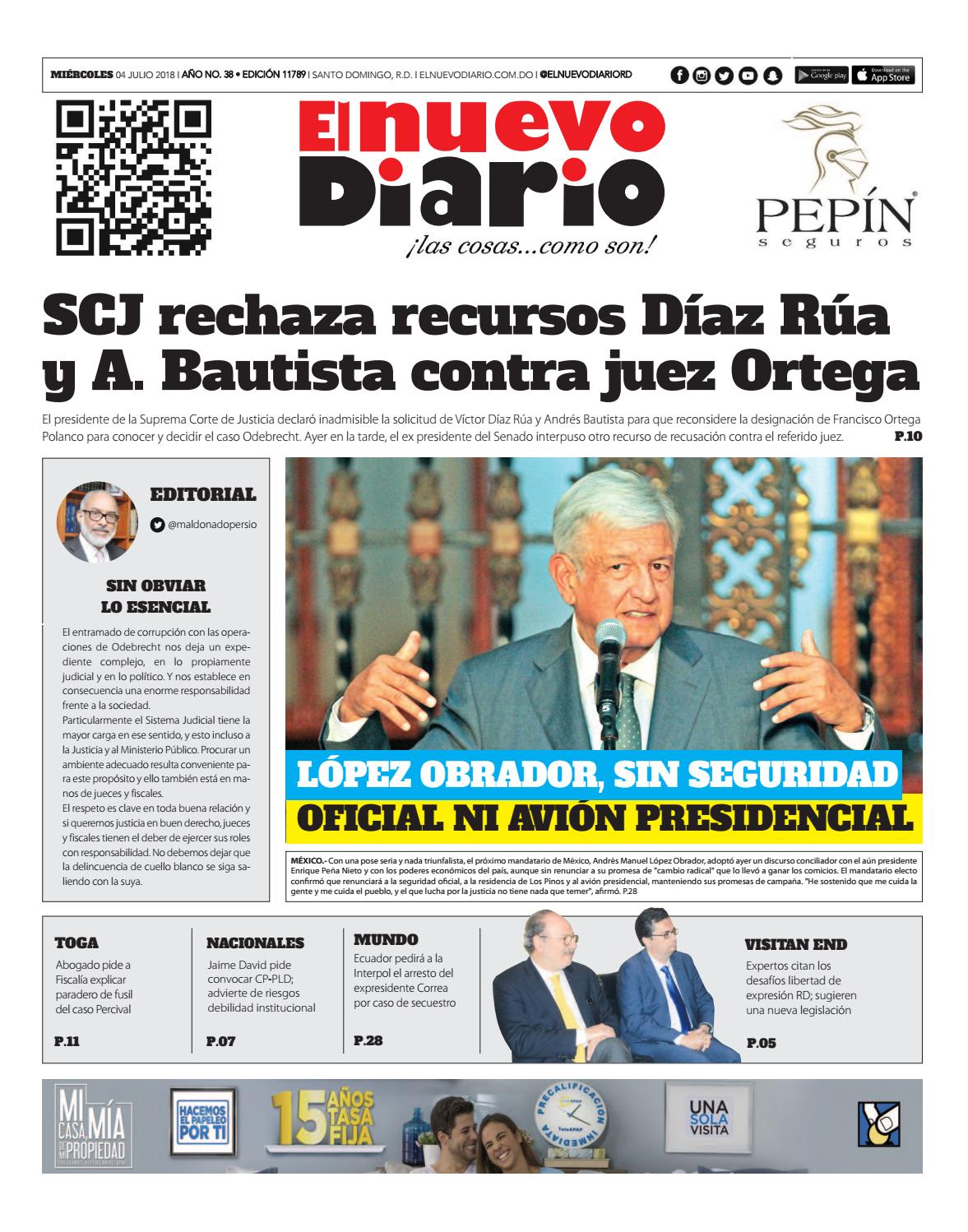 Portada Periódico El Nuevo Diario, Miércoles 04 de Julio 2018