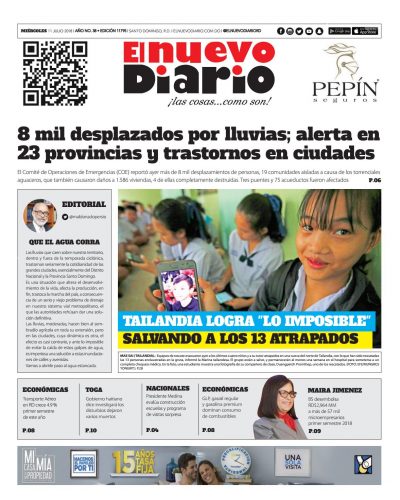 Portada Periódico El Nuevo Diario, Miércoles 11 de Julio 2018