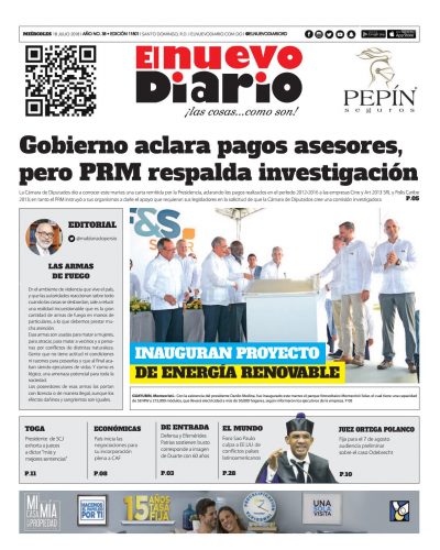 Portada Periódico El Nuevo Diario, Miércoles 18 de Julio 2018