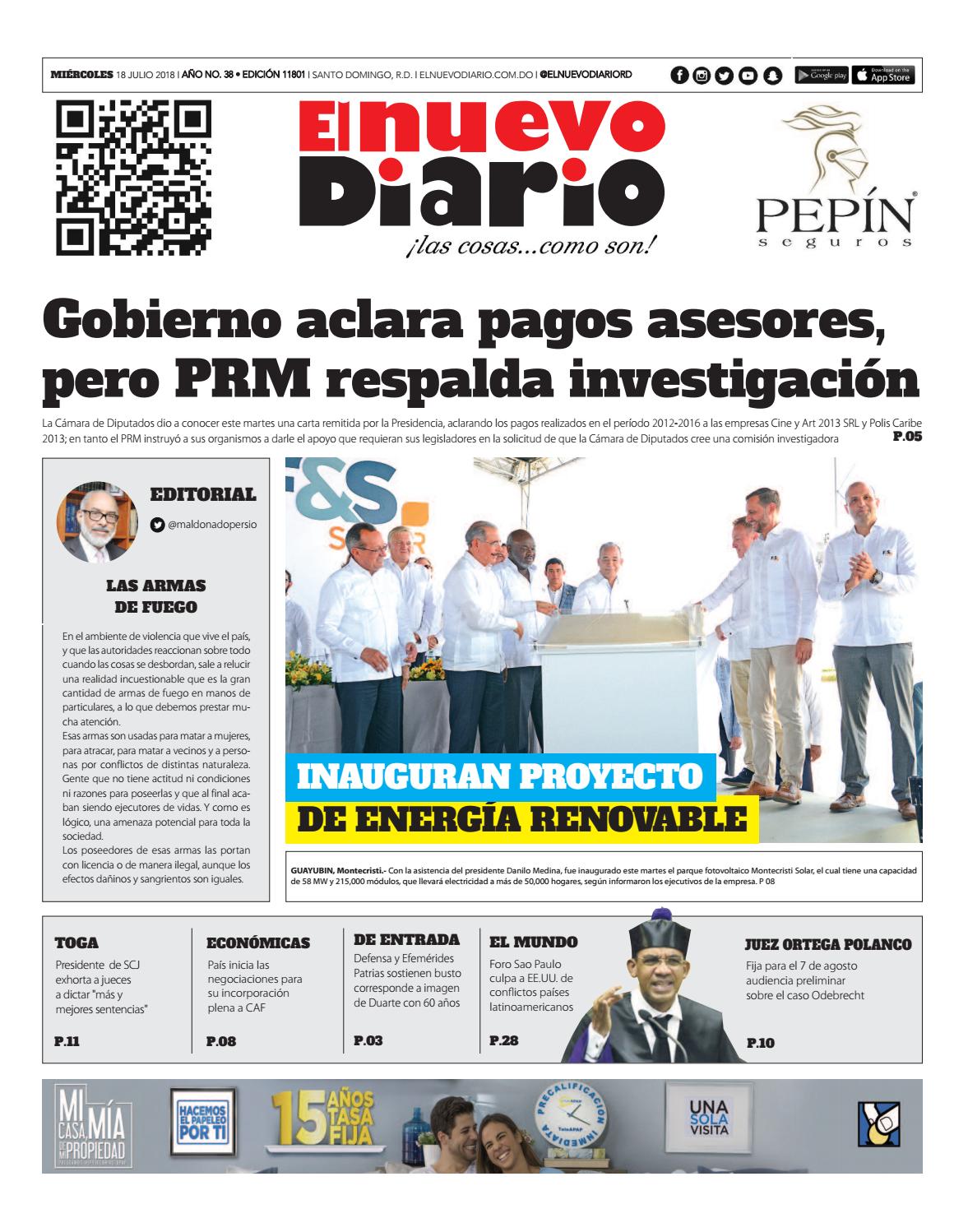 Portada Periódico El Nuevo Diario, Miércoles 18 de Julio 2018