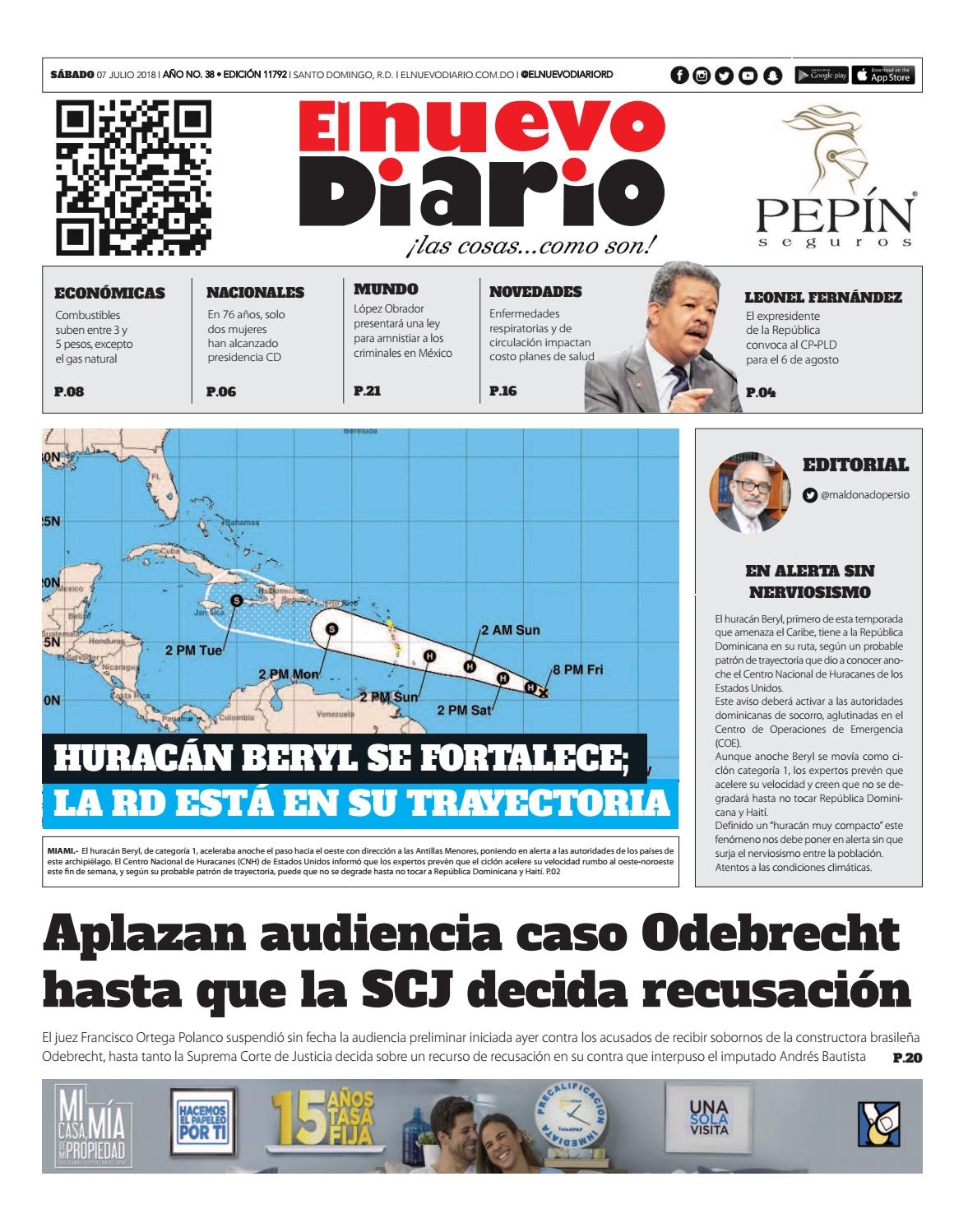 Portada Periódico El Nuevo Diario, Sábado 07 de Julio 2018