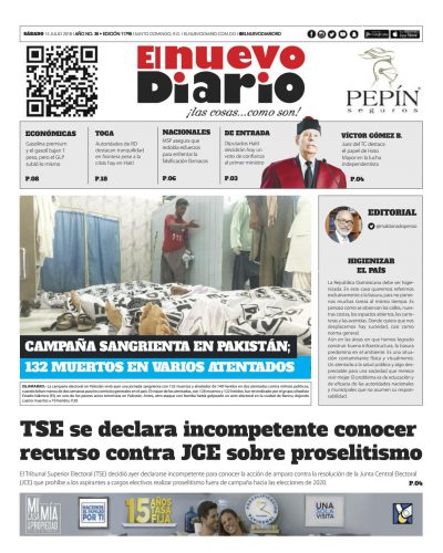 Portada Periódico El Nuevo Diario, Sábado 14 de Julio 2018