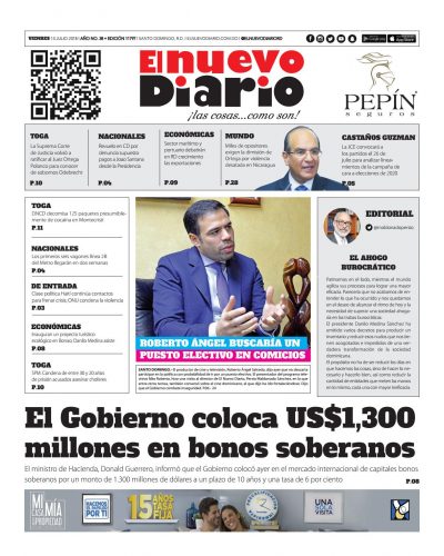 Portada Periódico El Nuevo Diario, Viernes 13 de Julio 2018