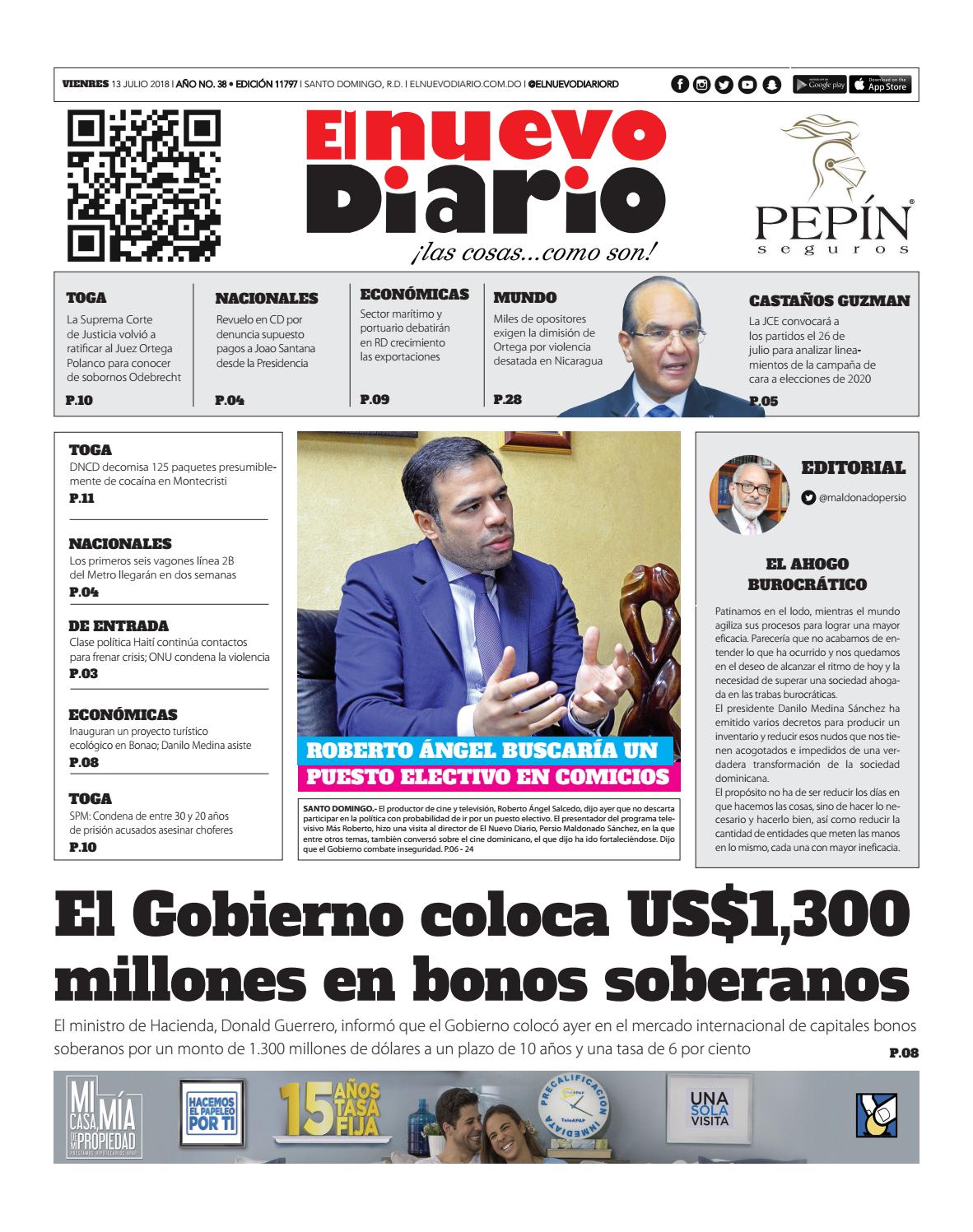 Portada Periódico El Nuevo Diario, Viernes 13 de Julio 2018