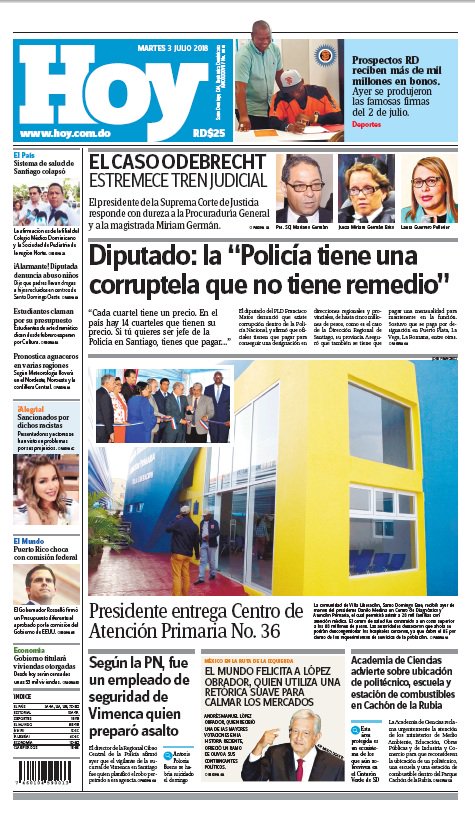 Portada Periódico Hoy, Jueves 05 de Julio 2018