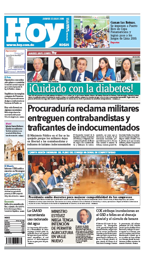 Portada Periódico Hoy, Jueves 12 de Julio 2018