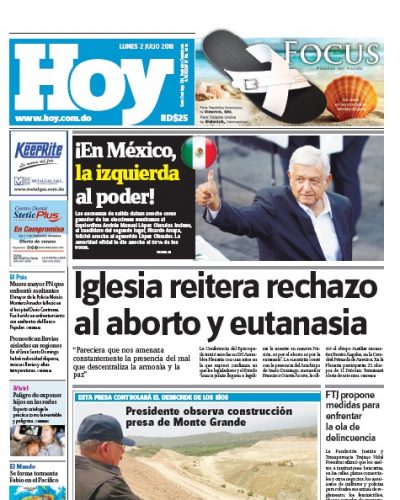 Portada Periódico Hoy, Lunes 02 de Julio 2018