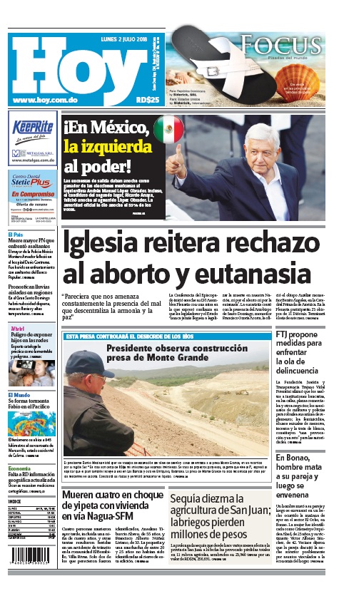 Portada Periódico Hoy, Lunes 02 de Julio 2018