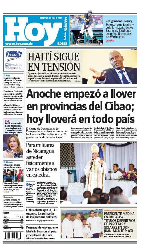 Portada Periódico Hoy, Martes 10 de Julio 2018