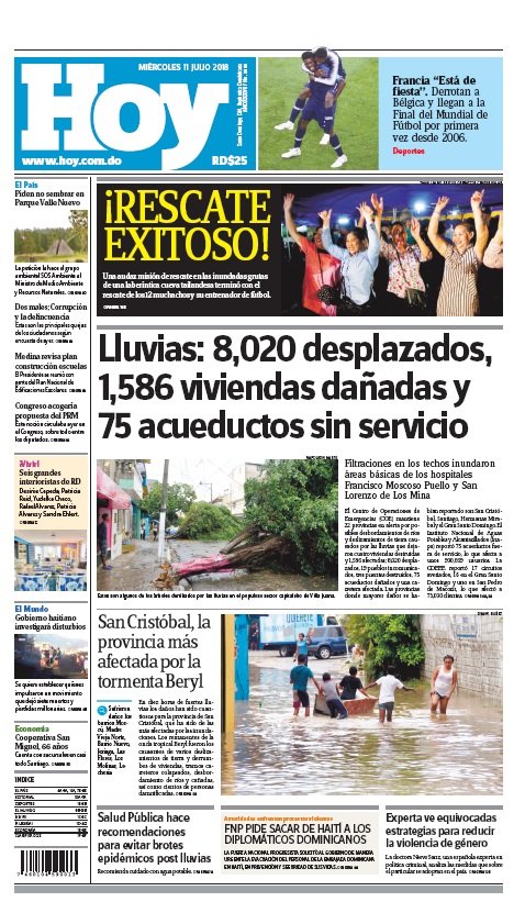 Portada Periódico Hoy, Miércoles 11 de Julio 2018